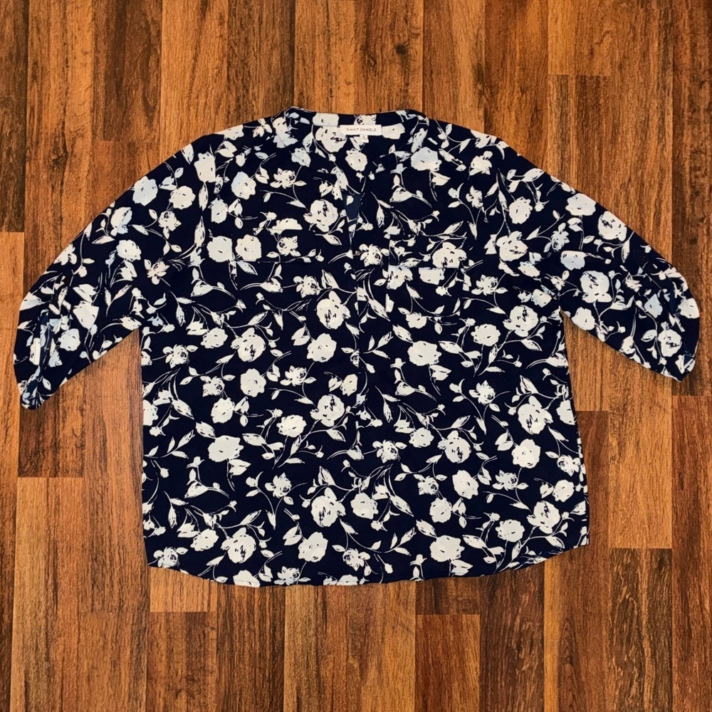 Emily Daniels Navy White Floral Roll Tab Sleeve Blouse XL